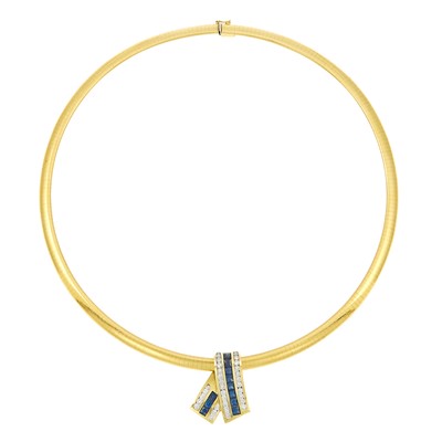 Lot 1282 - Gold, Sapphire and Diamond Pendant with Omega Chain Necklace