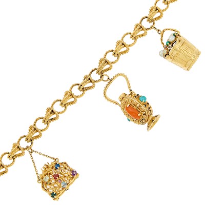 Lot 1104 - Gold and Gem-Set Charm Bracelet