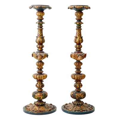 Lot 429 - Pair of Italian Carved Polychrome and Parcel-Gilt Wood Candlesticks