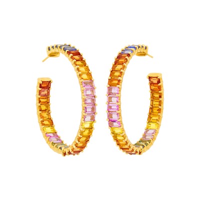 Lot 12 - Pair of Gold and Multicolored Sapphire Hoop Earrings