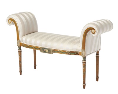 Lot 122 - George III Style Upholstered Paint Decorated Fruitwood Bench