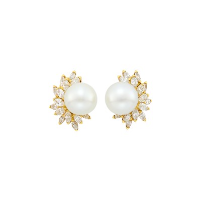 Lot 255 - Cartier Pair of Gold, South Sea Cultured Pearl and Diamond Earclips