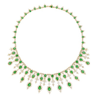 Lot 193 - Two-Color Gold, Emerald and Diamond Fringe Necklace