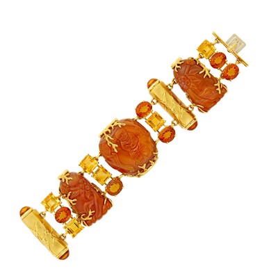 Lot 206 - Seaman Schepps Gold, Carved Agate and Citrine 'Snuff Bottle' Bracelet
