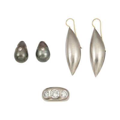 Lot 1280 - Pair of Tahitian Gray Baroque Cultured Pearl and Diamond Earrings, Pair of Silver Pendant-Earrings and White Gold and Simulated Diamond Gypsy Ring