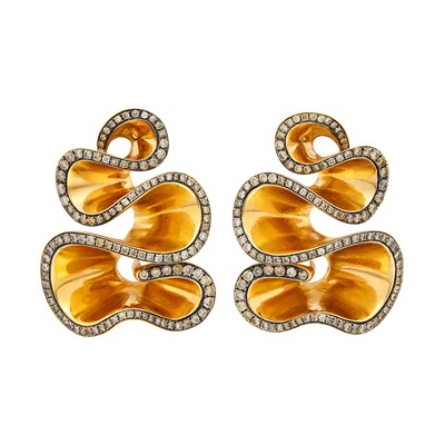 Lot 124 - De Grisogono Pair of Rose and Blackened Gold and Colored Diamond Ribbon Earclips