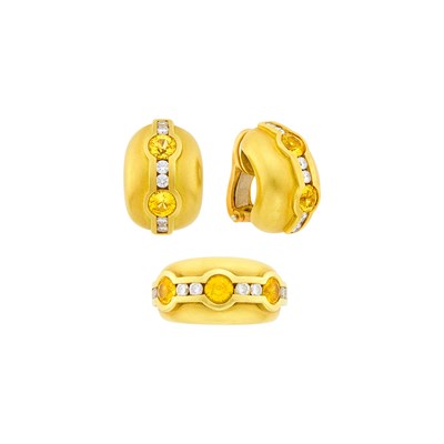 Lot 1138 - Barry Kieselstein-Cord Pair of Gold, Yellow Sapphire and Diamond Half-Hoop Earclips and Bombé Ring