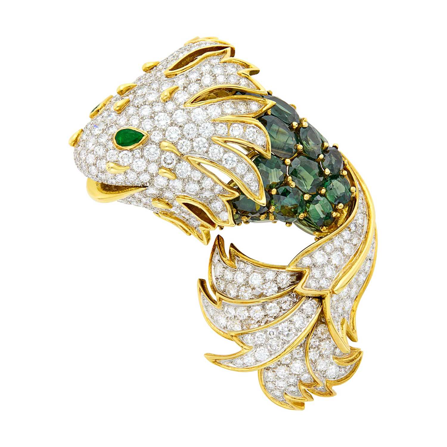 Lot 93 - Tiffany & Co. Gold, Platinum, Green Sapphire, Emerald and Diamond Fish Clip-Brooch