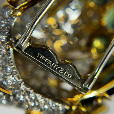 Lot 93 - Tiffany & Co. Gold, Platinum, Green Sapphire, Emerald and Diamond Fish Clip-Brooch