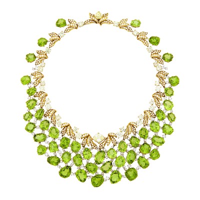 Lot 217 - Julius Cohen Gold, Platinum, Peridot, Colored Diamond and Diamond Bib Necklace