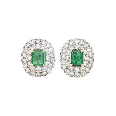 Lot 1075 - Pair of White Gold, Emerald and Diamond Earrings
