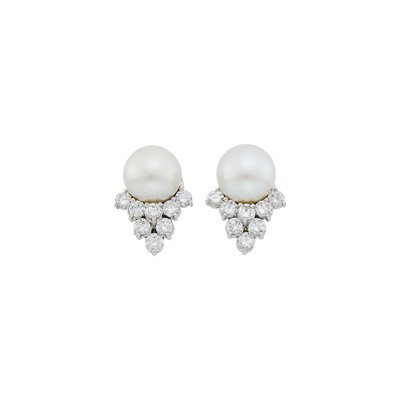 Lot 1153 - Pair of White Gold, Cultured Pearl and Diamond Earrings