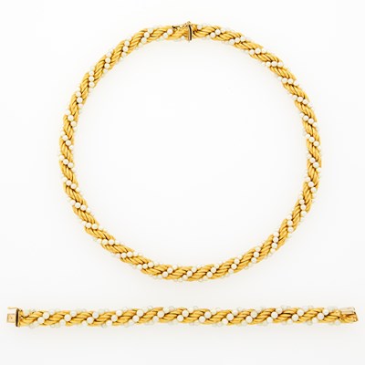Lot 2071 - Gold and Cultured Pearl Rope-Twist Necklace and Bracelet