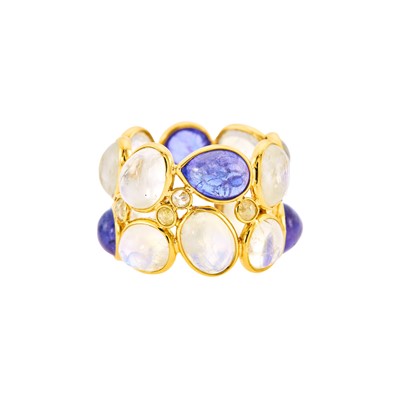 Lot 1221 - Wide Gold, Moonstone, Cabochon Tanzanite and Diamond Band Ring