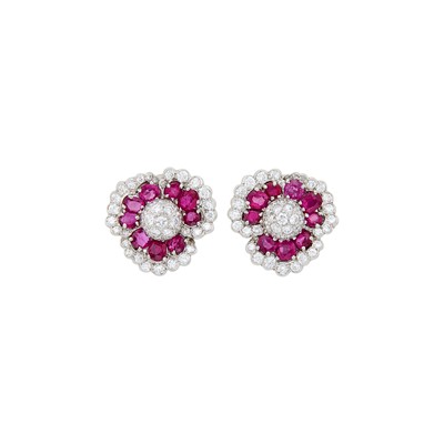 Lot 301 - Van Cleef & Arpels Pair of Platinum, Diamond and Ruby Earclips