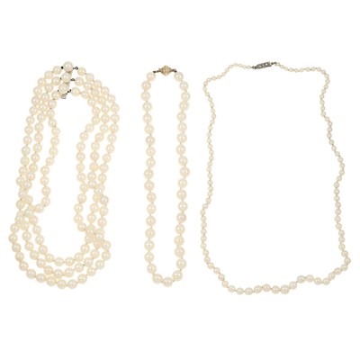 Lot 1259 - Three Cultured Pearl Necklaces