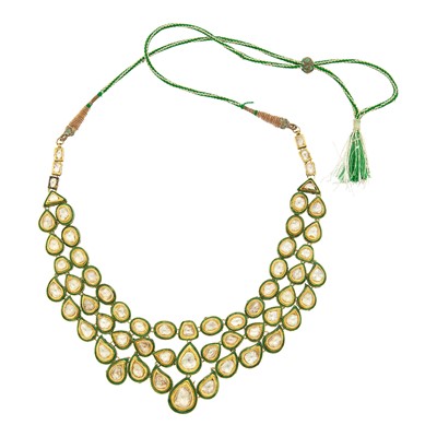 Lot 1101 - Indian Gold, Foil-Backed Diamond and Green and Jaipur Enamel Bib Necklace with Cord