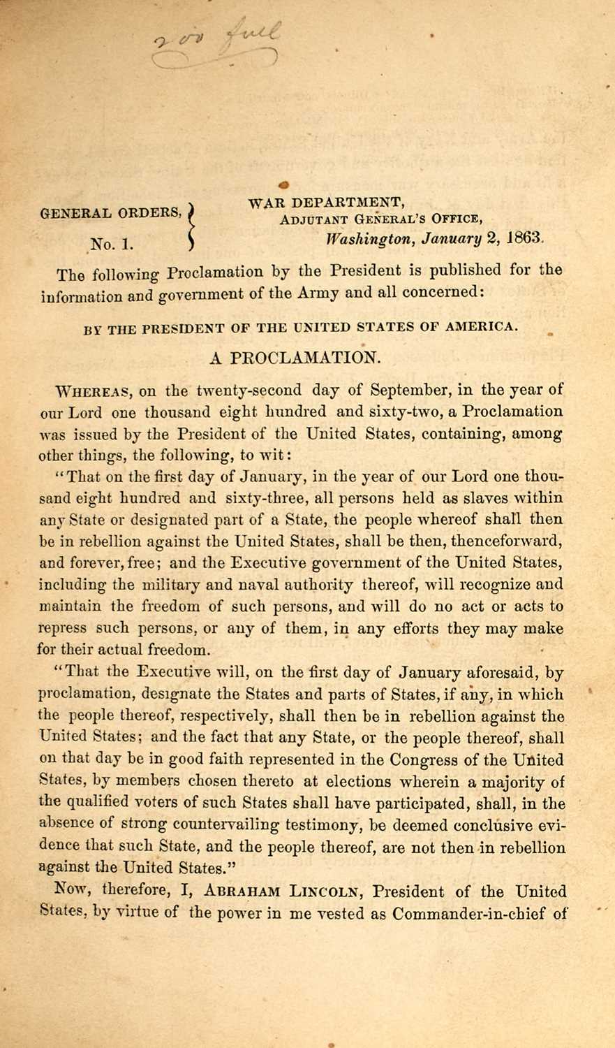 Lot 252 - The Emancipation Proclamation in a fine set of War Department Orders
