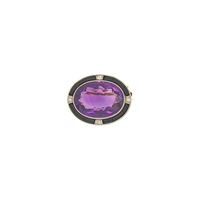 Lot 1141 - Platinum, Gold, Amethyst and Diamond Pin