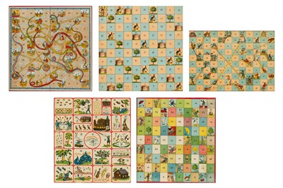 Lot 349 - Five amusing Victorian-era game boards, including Snakes and Ladders