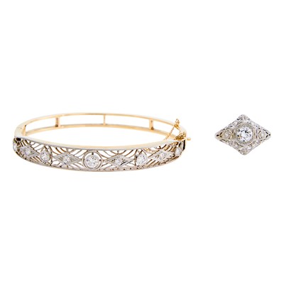 Lot 1168 - Platinum, Gold and Diamond Bangle Bracelet and Platinum and Diamond Ring