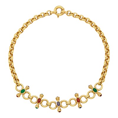 Lot 2016 - Gold, Carnelian, Blue Chalcedony and Green Onyx Toggle Necklace