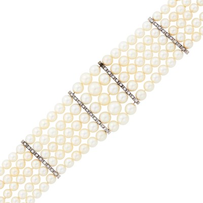 Lot 2194 - Five Strand White Gold, Cultured Pearl and Diamond Bracelet