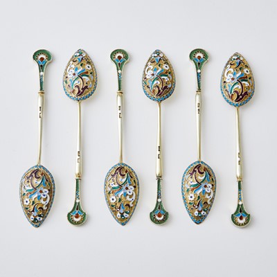 Lot 717 - Set of Six Russian Silver-Gilt and Cloisonné Enamel Spoons