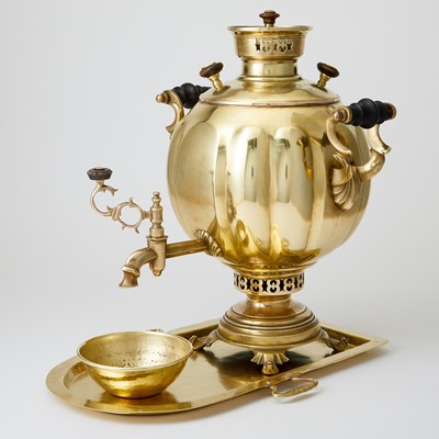 Lot 709 - Russian Brass Samovar, Bowl and Tray