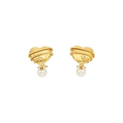 Lot 1031 - Tiffany & Co. Pair of Gold and Cultured Pearl Heart Pendant-Earrings