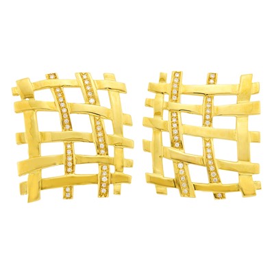 Lot 1008 - Pair of Gold and Diamond Lattice Earclips
