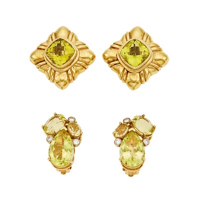 Lot 1228 - Two Pairs of Gold, Lemon Quartz and Diamond Earclips