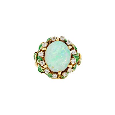 Lot 1254 - Gold, Opal, Diamond and Enamel Ring