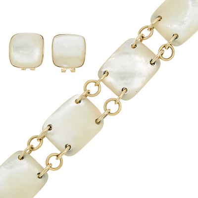 Lot 1021 - Gold and Mother-of-Pearl Link Bracelet and Pair of Earclips