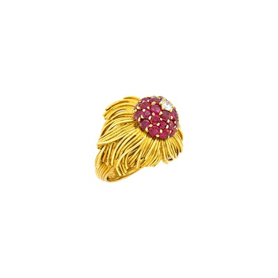 Lot 1097 - Tiffany & Co. Gold, Diamond and Ruby Flower Dome Ring