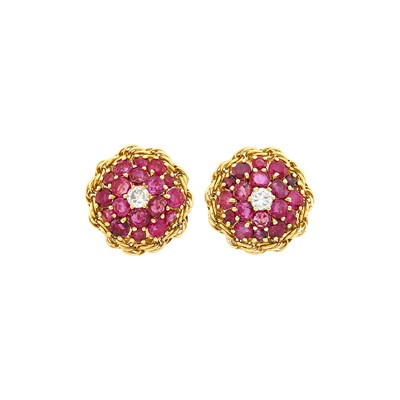 Lot 1099 - Pair of Gold, Diamond and Ruby Earrings