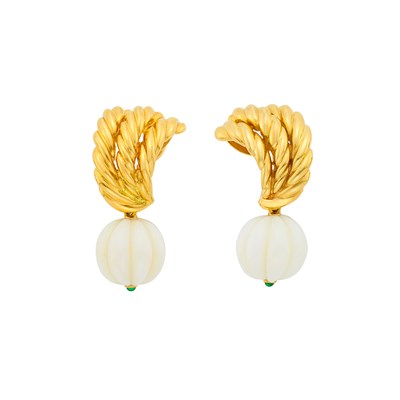 Lot 1003 - Van Cleef & Arpels Gold, Fluted White Coral Bead and Green Chrysoprase Pendant-Earrings