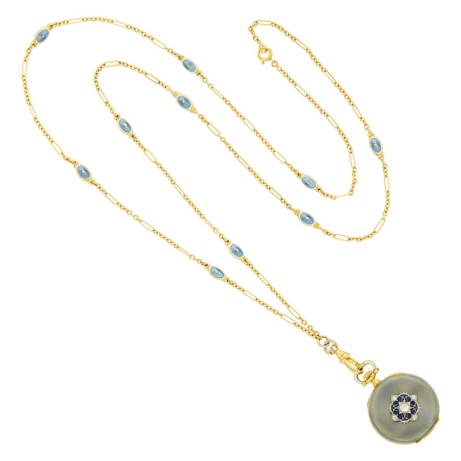 Lot 42 - Patek Philippe Gold, Guilloché Enamel and Diamond Pendant-Watch Necklace