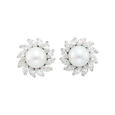 Lot 75 - Pair of White Gold, South Sea Cultured Pearl and Diamond Earrings