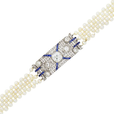 Lot 1185 - Platinum, Diamond, Sapphire and Pearl Mesh Bracelet