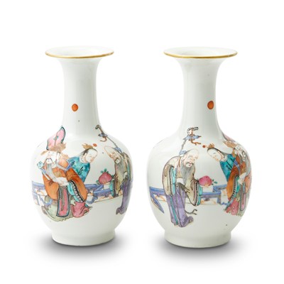 Lot 99 - A Pair of Chinese Enameled Porcelain Bottle Vases