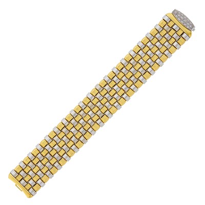 Lot 1147 - Wide Two-Color Gold and Diamond Basketweave Bracelet