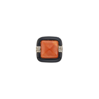 Lot 103 - Cartier Paris Gold, Platinum, Coral, Black Enamel and Diamond Ring