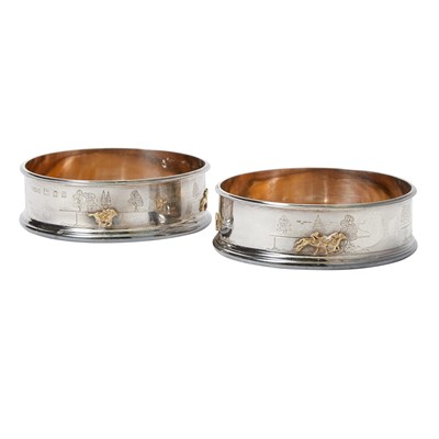 Lot 166 - Equestrian Interest: Pair of Elizabeth II Sterling Silver, Parcel Gilt and Wood Wine Coasters
