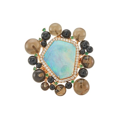 Lot 2036 - Fei Liu Rose Gold, Opal, Smoky Quartz and Black Onyx Bead, Tsavorite Garnet and Diamond Ring