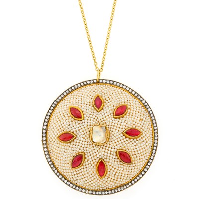 Lot 2085 - Indian Gold, Silver, Jaipur Enamel, Foil-Backed Ruby and Diamond and Seed Pearl Pendant with Chain Necklace