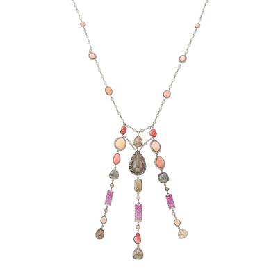 Lot 1066 - Long White Gold, Blackened Silver, Conch Pearl, Colored Diamond, Diamond, Multicolored Pearl and Pink Sapphire Fringe Pendant-Necklace