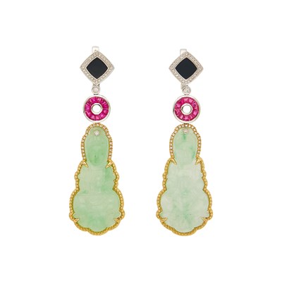 Lot 1019 - Pair of Two-Color Gold, Carved Jade, Ruby, Black Onyx and Diamond Pendant-Earrings