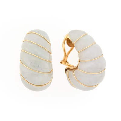 Lot 2039 - Pair of Gold and Carved White Jade Shrimp Earclips