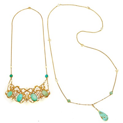 Lot 2095 - Gold, Low Karat Gold, Turquoise, Freshwater and Cultured Pearl Necklace and Matrix Turquoise and Pearl Pendant with Long Chain Necklace